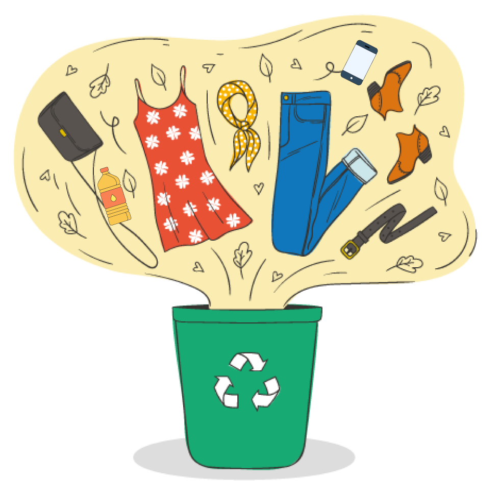 Ilustración de ropa, móviles y aceite usado en un contenedor de reciclaje